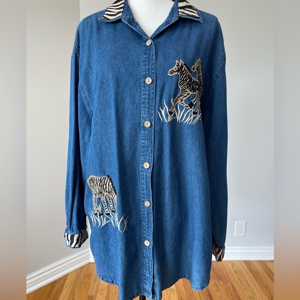 Dress Barn denim zebra safari shirt size 18/20 embroidery applique zoo teacher